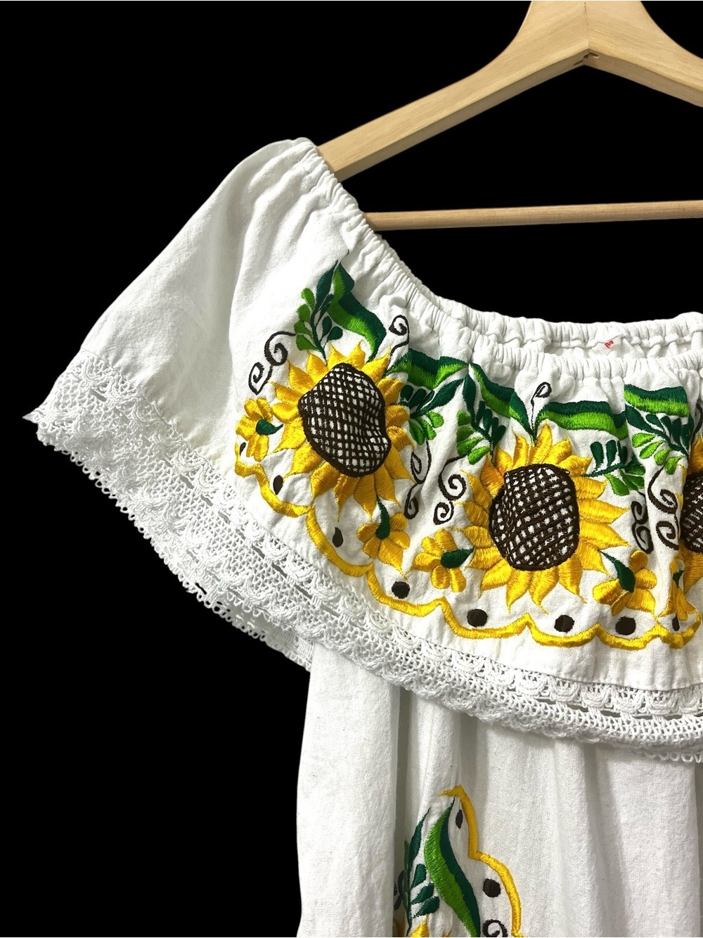 Mexican White Sunflower Embroidered Off Shoulder Dress Cottage Festive Peasant - Picture 2 of 8